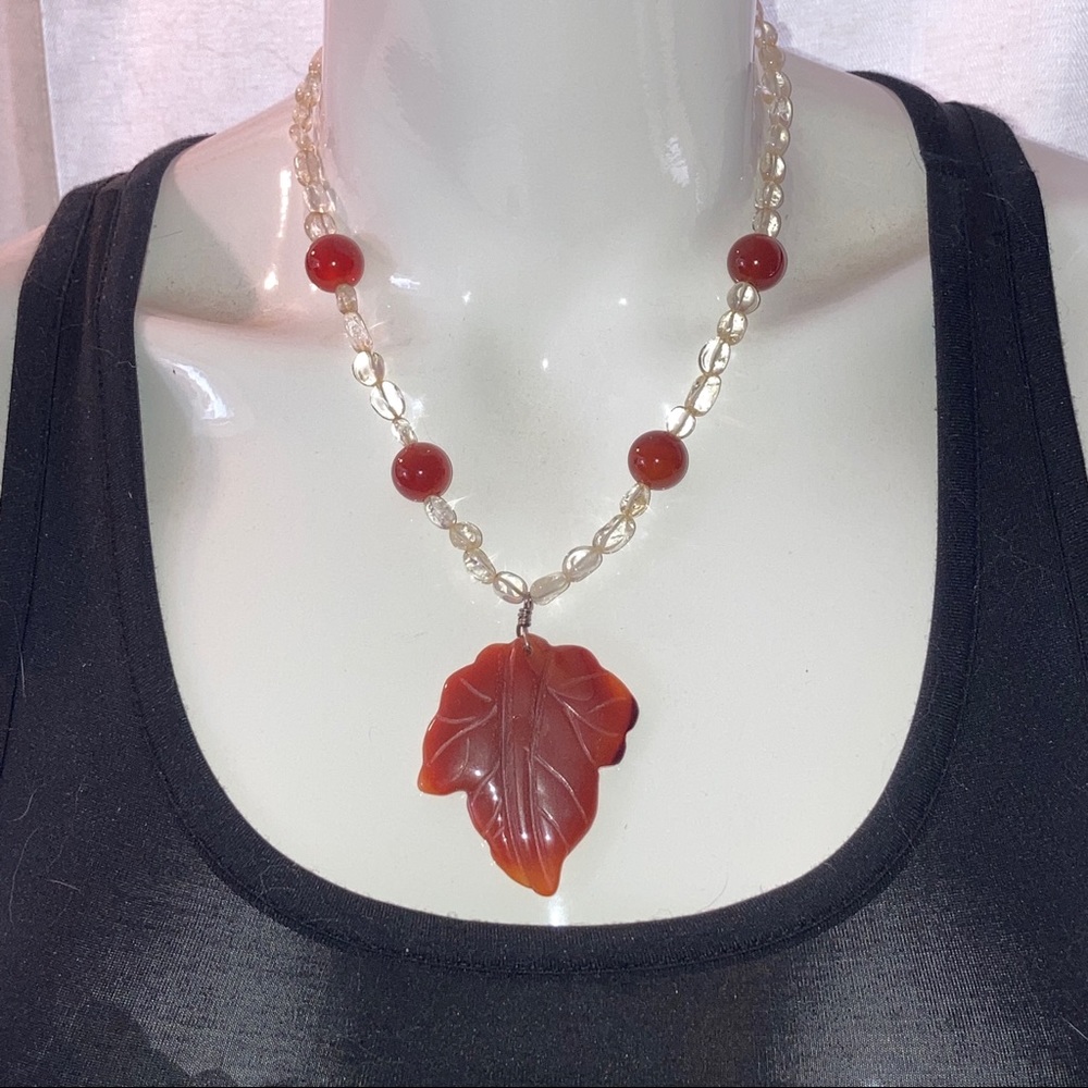 Brown Jade Leaf & Crystal Necklace – Artisan Carved, Estate Find